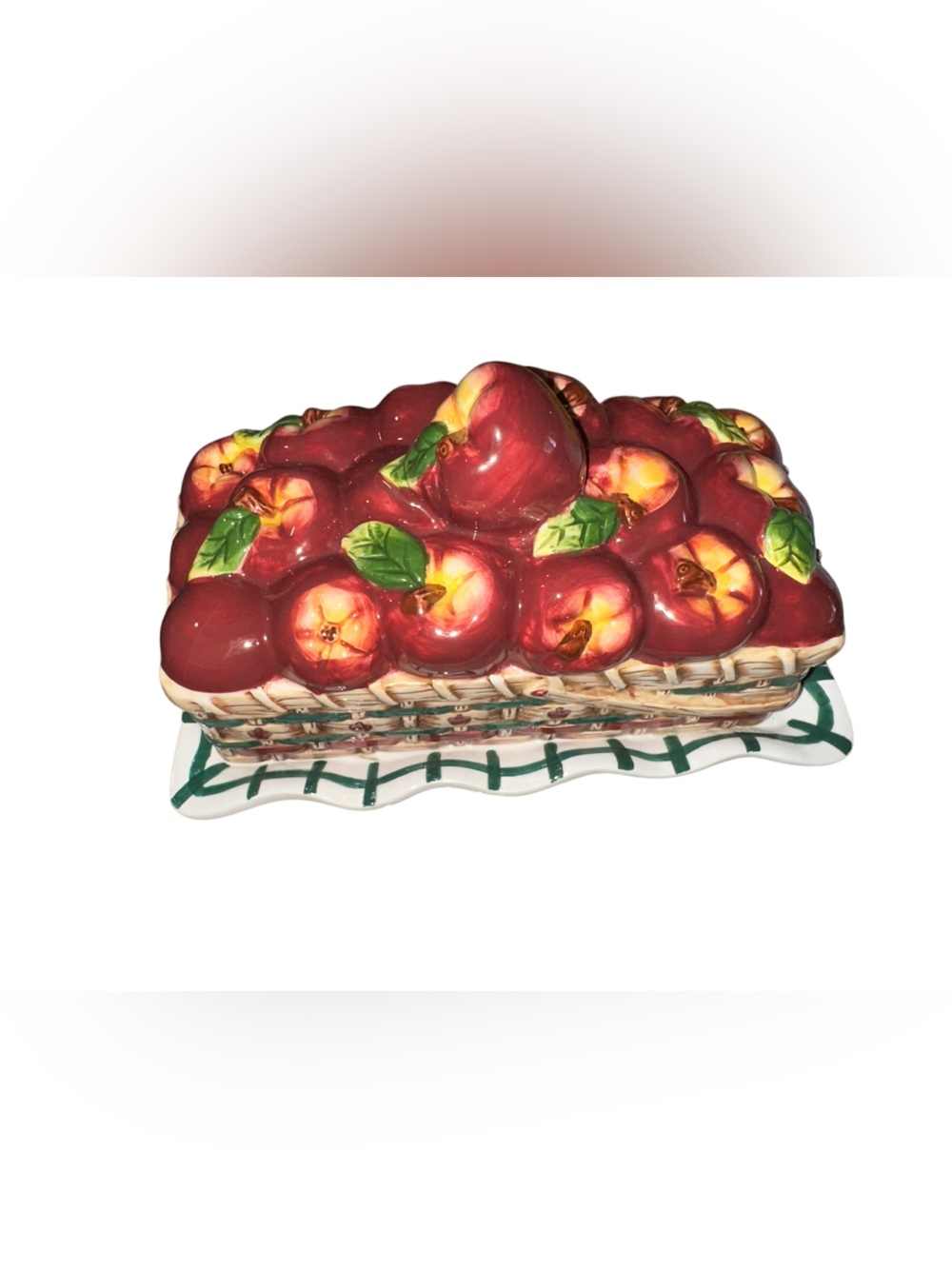 Vintage Ceramic Apple Basket Covered Dish in Red
